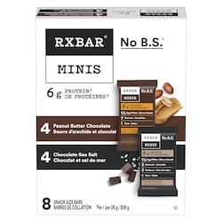 Kellogg’s Minis barres de collation, 4 barres protéinées chocolat et sel de mer et 4 barres beurre d’arachide et chocolat 208 g, 5,77 $/100g