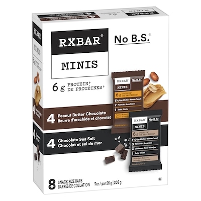 RXBAR Minis barres de collation, 4 barres protéinées chocolat et sel de mer et 4 barres beurre d’arachide et chocolat