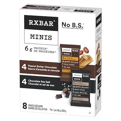 RXBAR Minis barres de collation, 4 barres protéinées chocolat et sel de mer et 4 barres beurre d’arachide et chocolat