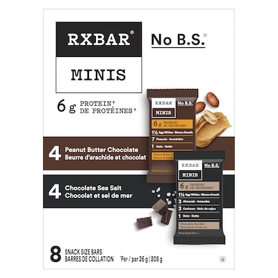 RXBAR Minis barres de collation, 4 barres protéinées chocolat et sel de mer et 4 barres beurre d’arachide et chocolat