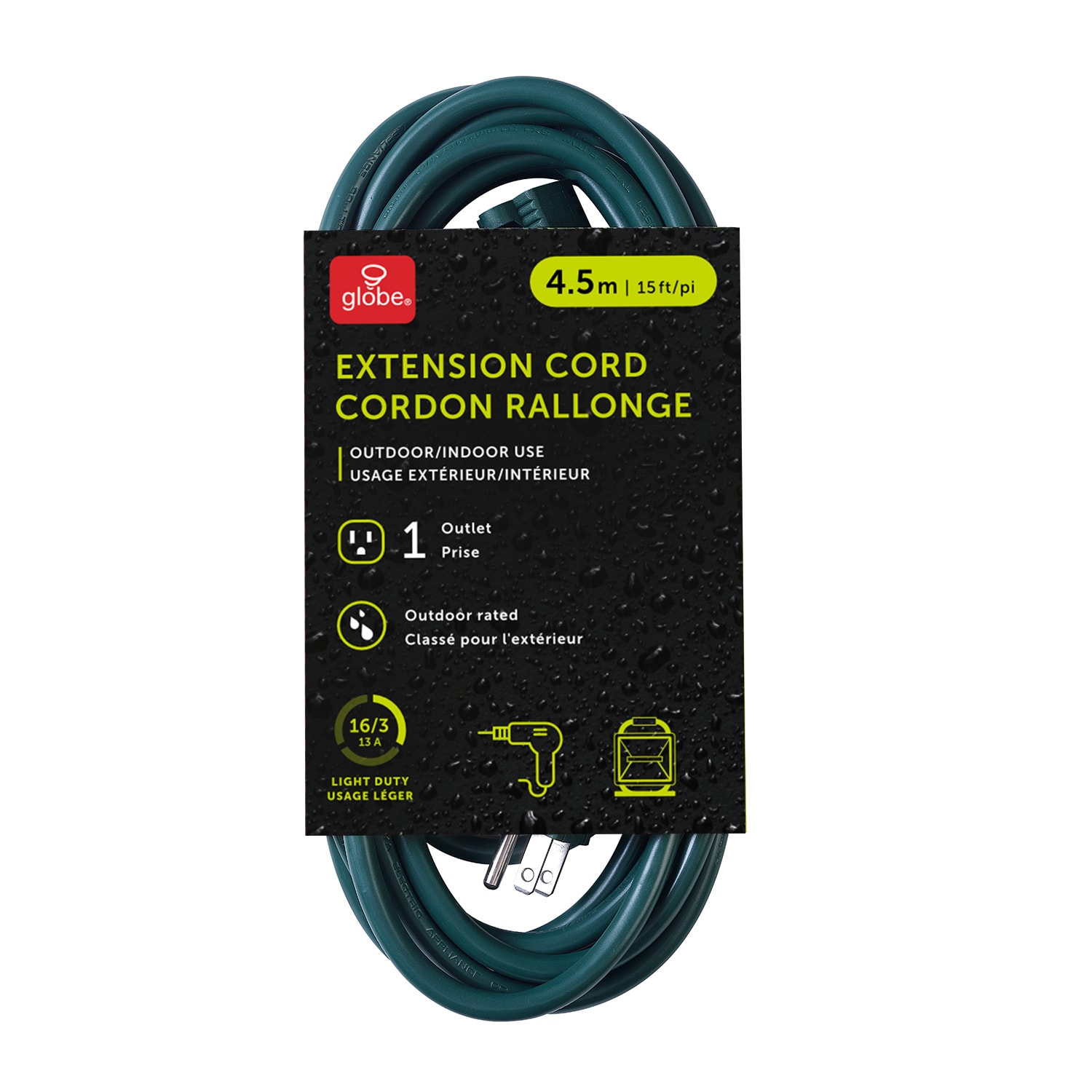 Globe Electric Outdoor Extension Cord, 15ft, 1 grounded outlet, 16