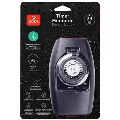 Globe Electric 24 hour programmable Outdoor Mechanical Timer, 1 Grounded Outlet 1 ea, $21.99/1ea