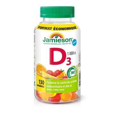 Jamieson Gummies vitamine D3, Orange, citron, fraise 130 ea, 0,17 $/1ch