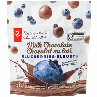 President's Choice Milk Chocolate Covered Blueberries 200 g, $3.75/100g