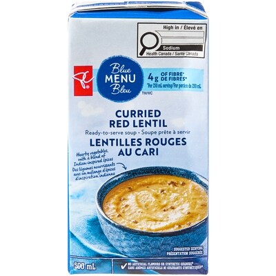 PC Menu Bleu Soupe prête à servir aux lentilles rouges au cari 500 ml, 0,66 $/100ml