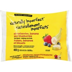 Sans Nom Mélange de fruits surgelés Naturellement imparfaits, fraises, bananes et bleuets 400 g, 0,75 $/100g