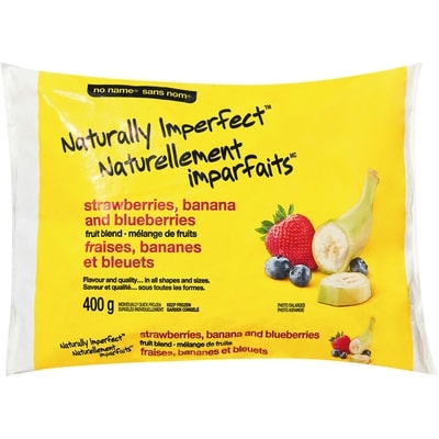 Sans Nom Mélange de fruits surgelés Naturellement imparfaits, fraises, bananes et bleuets 400 g, 0,75 $/100g