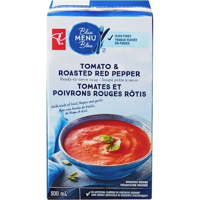 PC Menu Bleu Soupe prête à servir aux tomates et poivrons rouges rôtis 500 ml, 0,50 $/100ml