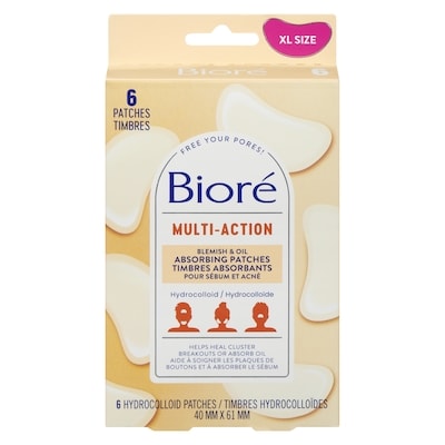 Biore Timbres multiaction absorbants pour sébum et acné de Bioré | Timbres hydrocolloïdes pour peau grasse, grands timbres, 6 unités 6 ea, 3,00 $/1ch
