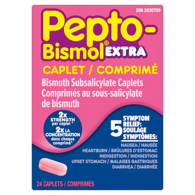 Pepto Bismol Comprimés -Bismol EXTRA | Soulagement de 5 symptômes affectant l’estomac | Extra fort | 24 comprimés 24 ea, 0,69 $/1ch