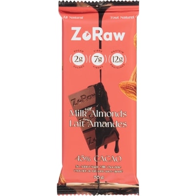 ZoRaw Milk Chocolate Bar With Protein Almonds 55 g, $9.07/100g