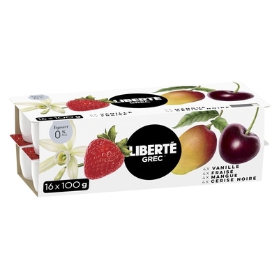 Liberté Grec Yogourt 0 %, emb. de 16, assort., Teneur élevée en protéines et en probiotiques, 100 g, 4 u. 1.6 kg, 0,78 $/100g