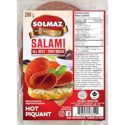 Solmaz Halal Hot Salami All Beef 200 g, $3.00/100g