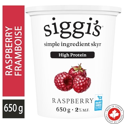 siggi’s Yogourt skyr framboise 2 % 650 g, 1,38 $/100g