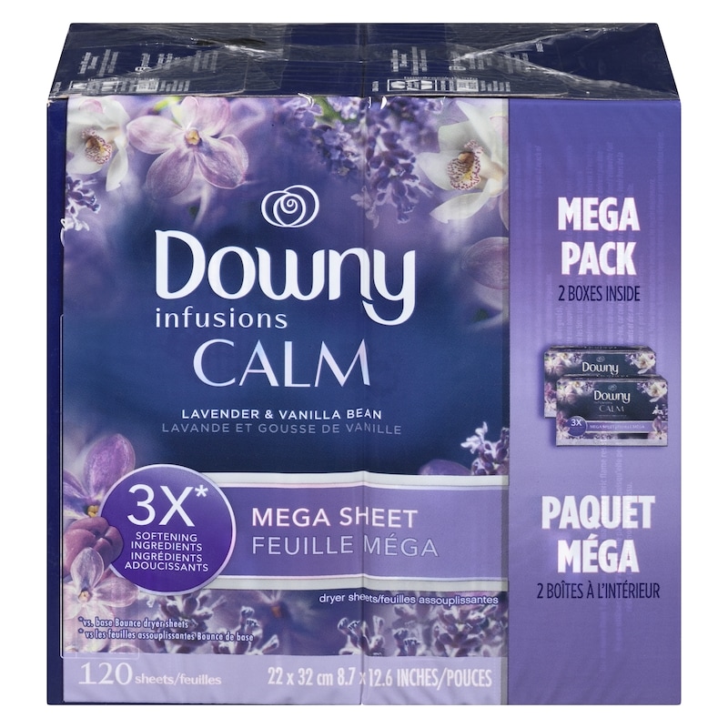 Infusions Mega Dryer Sheets, Laundry Fabric Softener, CALM, Lavender and Vanilla Bean, 120 Count