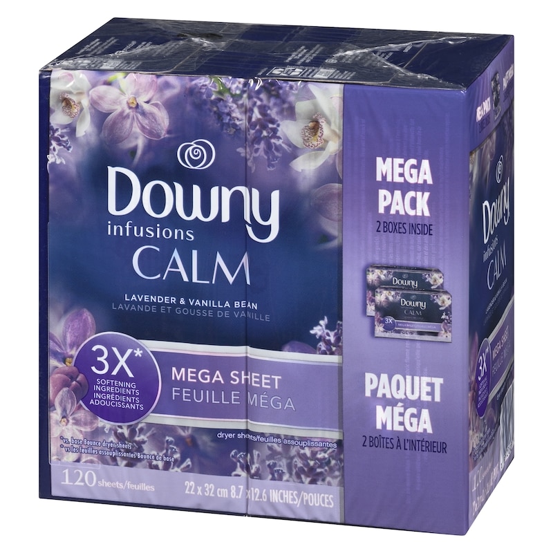 Infusions Mega Dryer Sheets, Laundry Fabric Softener, CALM, Lavender and Vanilla Bean, 120 Count