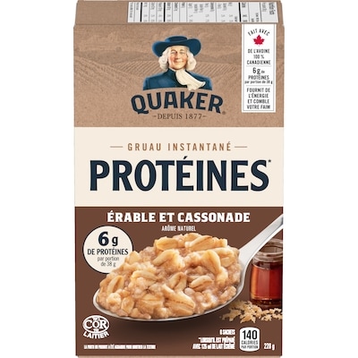 Quaker Gruau instantané Teneur élevée en protéines saveur Érable et cassonade 228 g, 2,63 $/100g