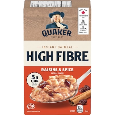 Quaker High Fibre Raisins & Spice Instant Oatmeal 344 g, $1.74/100g