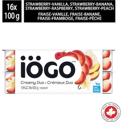 IÖGO Pots De Yogourt Duos Fraise-Banane Fraise-Pêche Fraise-Framboise Et Fraise-Vanille 15 % 16x100.0 g, 0,44 $/100g