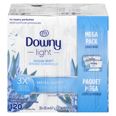 Downy Feuilles assouplissantes Méga Light, feuilles assouplissantes, Brume océanique, 120 feuilles 120 ea, 0,09 $/1ch