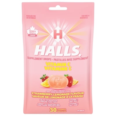 Halls Vitamine C saveur de limonade à la fraise, 30 pastilles 30 ea, 0,17 $/1ch