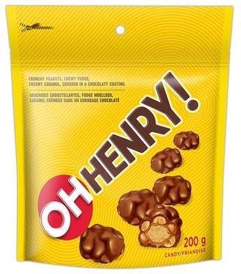 Oh Henry! Les Bouchées Sont Des Morceaux De Cacahuètes Croustillantes, De Fudge Moelleux Et De Caramel Crémeux, Recouverts D’Un Enrobage Chocolaté. 200 g, 2,25 $/100g