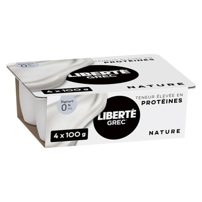 Liberté Grec Yogourt 0 %, emb. de 4, Nature, Teneur élevée en protéines et en probiotiques, 100 g, 4 u. 400 g, 1,37 $/100g