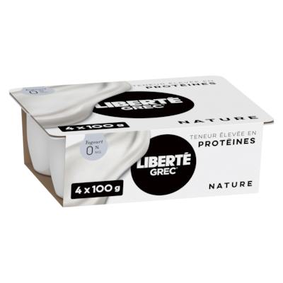 Liberté Grec Yogourt 0 %, emb. de 4, Nature, Teneur élevée en protéines et en probiotiques, 100 g, 4 u. 400 g, 1,50 $/100g
