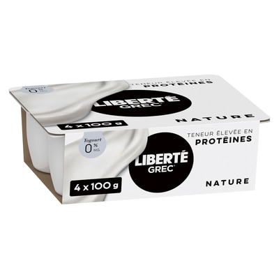 Liberté Grec Yogourt 0 %, emb. de 4, Nature, Teneur élevée en protéines et en probiotiques, 100 g, 4 u. 400 g, 1,50 $/100g