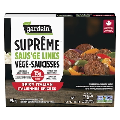 Gardein Suprême végé-saucisses italiennes épicées 397 g, 2,77 $/100g
