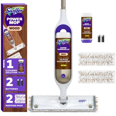 Swiffer PowerMop Wood Mop Kit for Wood Floor Cleaning, QuickDry Solution with Lemon Scent, Mopping Kit Includes PowerMop Wood, 2 Mopping Pad Refills, 1 QuickDry Wood Floor Cleaning Solution with Lemon Scent and 2 batteries 1 ea, $41.99/1ea