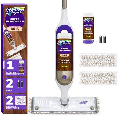 Swiffer Trousse de vadrouille PowerMop pour planchers en bois, solution à séchage rapide parfum Citron, comprend une vadrouille PowerMop, 2 recharges de coussins nettoyants, 1 solution nettoyante à séchage rapide parfum Citron et 2 piles 1 ea, 35,00 $/1ch