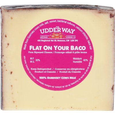 Udder Way Firm Ripened Cheese Flat On Your Baco 30% M.F. 12x150.0 g, $7.99/100g