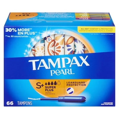 Tampax Tampons Pearl avec tresse anti-fuites LeakGuard, degré d’absorption super plus, non parfumés, 66 tampons. 66 ea, 0,33 $/1ch