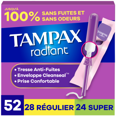 Tampax Tampons Radiant, avec tresse anti-fuites LeakGuard, régulier/super, emballage multiple, 52 tampons 52 ea, 0,42 $/1ch