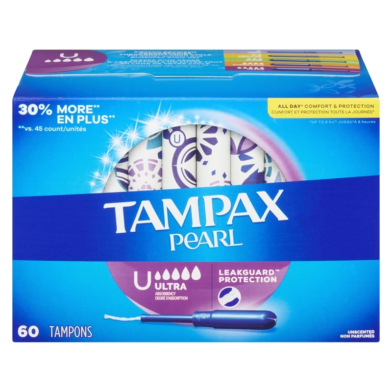 Pearl Tampons, with LeakGuard Braid, Ultra Absorbency, Unscented, 60 Count.