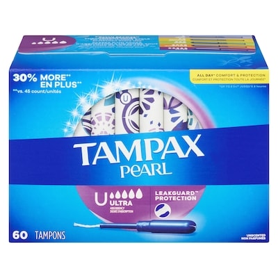 Tampax Tampons Pearl avec tresse anti-fuites LeakGuard, degré d’absorption ultra, non parfumés, 60 tampons 60 ea, 0,36 $/1ch