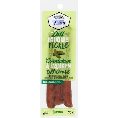 Piller’s Grignotines de saucisse traité à sec cornichon à l'aneth délicieuse 75 g, 5,32 $/100g