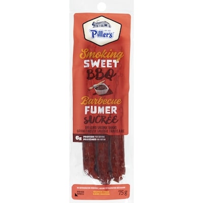 Piller’s Grignotines de saucisse traité à sec barbecue fumer sucrée 75 g, 5,32 $/100g