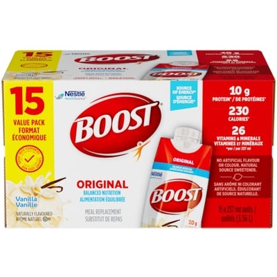 Nestle Health Science Substitut repas liq. BOOST Original Vanille paquet valeur, 15 un. 15x237.0 ml, 0,91 $/100ml