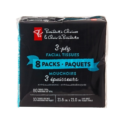 President's Choice Facial Tissues 3-Ply 8 Packs 8x10.0 ea, $0.40/1ea