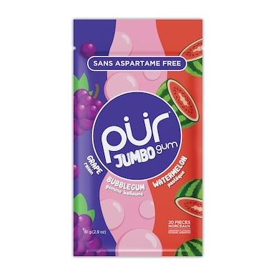 Pur Gum Gomme à Mâcher Jumbo Sans Aspartame au Goût Naturel de Gomme Balloune, Raisin, Pastèque 81 g, 6,16 $/100g