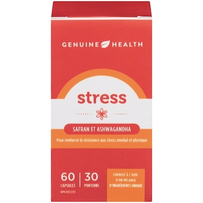 Genuine Health Supplément antistress safran et ashwagandha 60 ea, 0,77 $/1ch