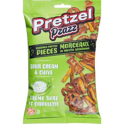 Pzazz Morceaux de bretzel assaisonné crème sure et ciboulette 200 g, 2,50 $/100g