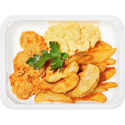 null Boneless Chicken Bites with Mac & Cheese and Wedges (Available after 11am) 568 g, $1.41/100g