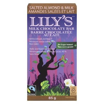 Lily’s Sweet’s Barre chocolatée barre chocolatée au lait et aux amandes salées 85 g, 6,22 $/100g