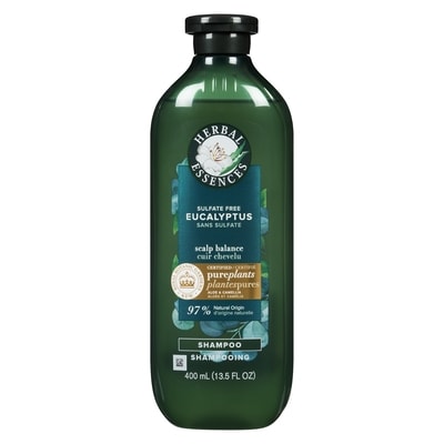Herbal Essences Shampooing sans sulfate à l’eucalyptus, cuir chevelu équilibré, avec huile de camélia et aloès certifiés, pour tous les types de cheveux, particulièrement le cuir chevelu sec 400 ml, 3,00 $/100ml