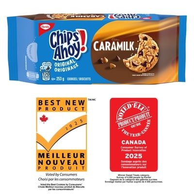 Christie CHIPS AHOY! Crunchy CARAMILK Cookies, with delightful chocolatey caramel chips, resealable pack 253 g, $1.10/100g