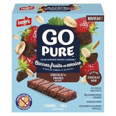 Leclerc Go Pure Barres aux fruits et à l'avoine, chocolat et fraise 160 g, 2,97 $/100g