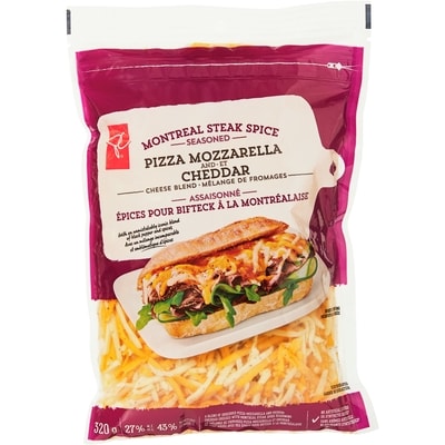 President's Choice Montreal Steak Spice Seasoned Pizza Mozzarella and Cheddar Cheese Blend 320 g, $2.03/100g